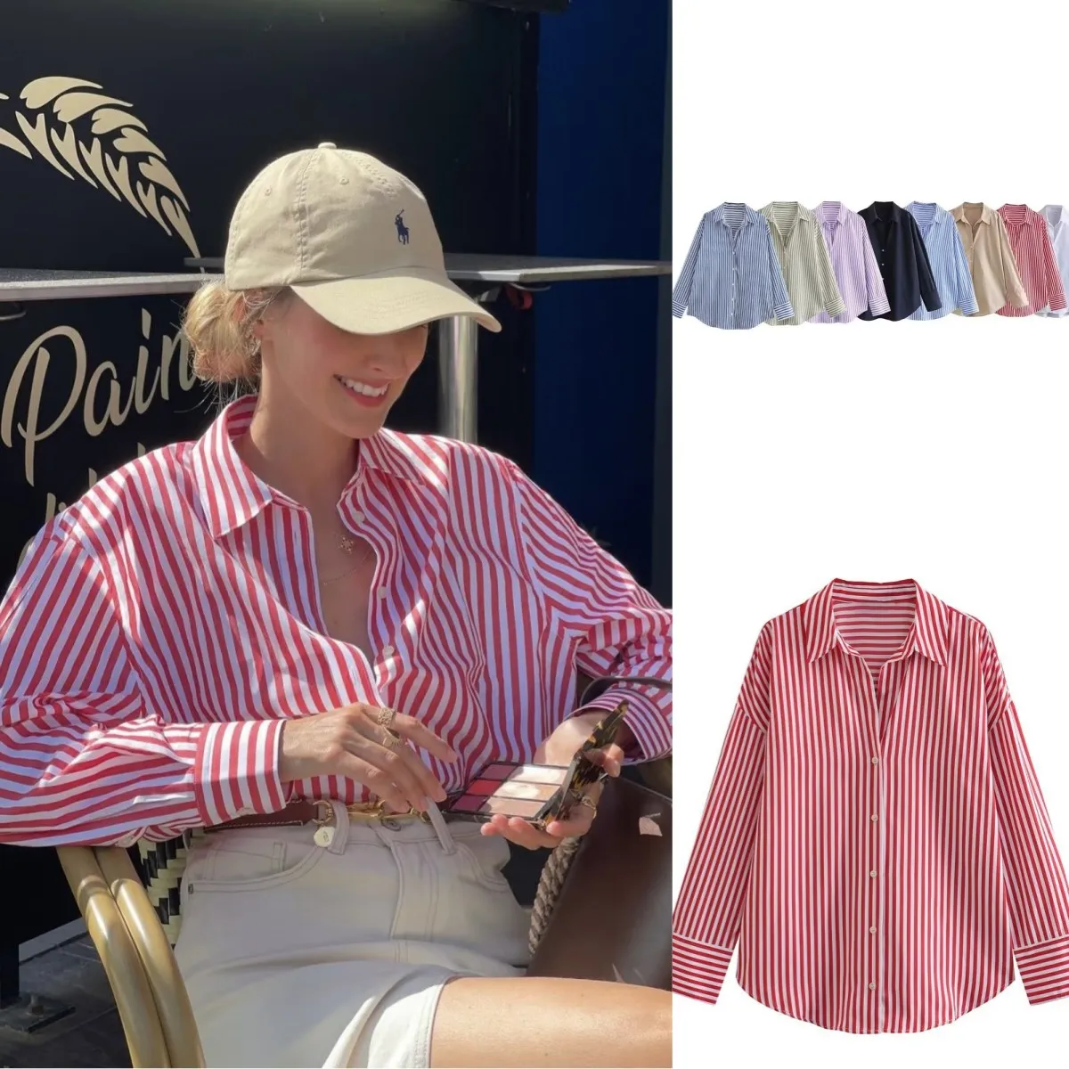 2025년 여성 봄 신상 유럽-미국 스타일 스트라이프 긴팔 라펠 루즈핏 포플린 셔츠 다양한 색상 선택 가능