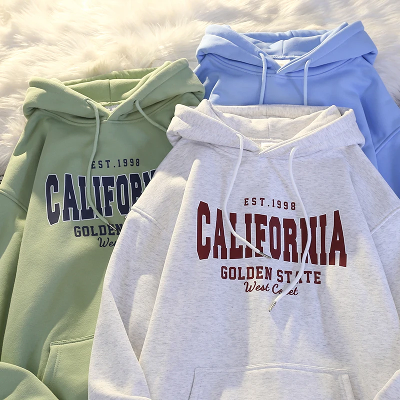 그레이 플리스 안감 두꺼운 후드티 여성용 루즈핏 풀오버 스웨트셔츠 한국 스타일 긴팔 면 폴리에스터 혼방