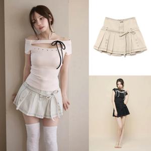 여름 하이웨이스트 A라인 미니 스커트, 주름과 밝은 스티치 디자인, 일본 스타일 니치 디자인 숏 스커트, 여성용 한푸