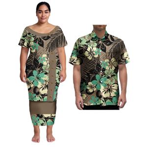 커플 의류 이랜드 스타일 디자인 사모아 프린트 플러스 사이즈 알로하 남성 셔츠와 여성 하와이안 푸레타시 드레스 세트
