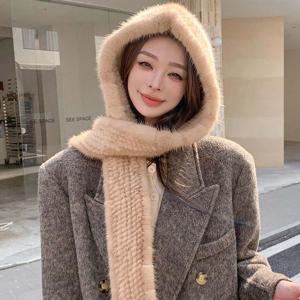 신상 여성 렉스 밍크 퍼 모자 후드 스카프 긴 겨울용 따뜻한 퍼 모자 목도리 스카프 모자