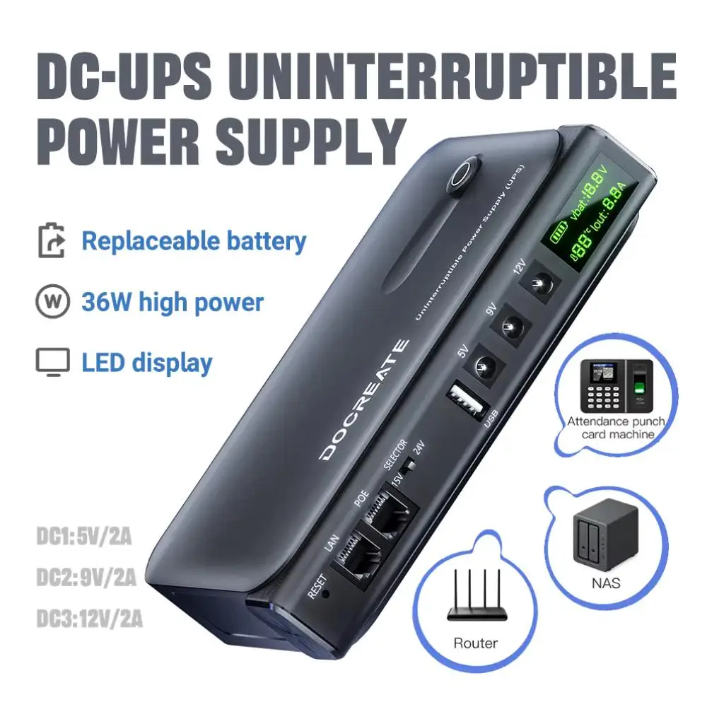36W DC1036L UPS 무정전 전원 공급 장치 5V-24V 출력 18650 교체 가능한 배터리 라우터 NAS 모뎀 및 네트워크 장비용