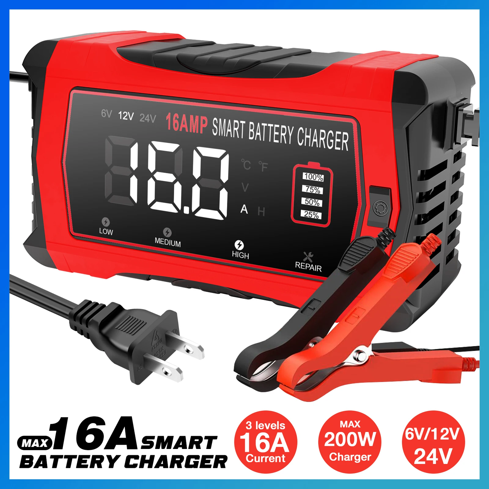 6V 12V 24V 16A 범용 자동차 배터리 충전기 지능형 수리 오토바이 충전기 납산 AGM GEL LiFePO4 배터리용