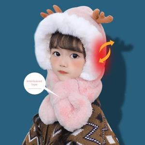 2 in 1 만화 캐릭터 아기 플러시 모자 스카프 겨울 따뜻한 귀 보호 캡 스카프 어린이용 귀여운 사슴 비니
