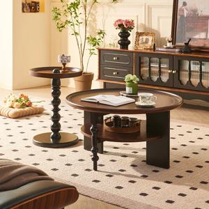 프랑스 빈티지 디자이너 스타일 원목 2단 원형 커피 테이블 – 앤틱 스타일 거실 티 테이블