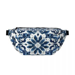 크로스바디 허리 가방 파란색과 흰색 마졸리카 패턴 남성 여성 조절 가능한 패니 팩 여행 러닝 머니 폰 파우치 백