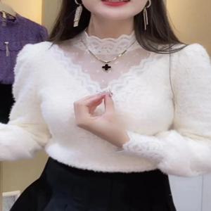 세련된 레이스 베이스 셔츠 여성용 부드러운 이너 셔츠 가을 겨울 트렌디 탑 이지 칼라 핀 넷 패치워크 베이스 셔츠