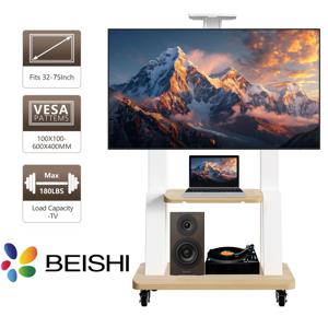 32-75인치 화면용 모바일 TV 카트, 선반 잠금 휠이 있는 이동식 롤링 바닥 TV 스탠드, 높이 조절 가능 헤비듀티