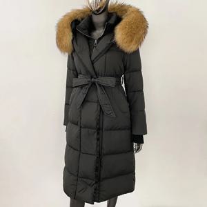 여성용 롱 화이트 구스 다운 코트 벨트, 캐주얼 다운 재킷, 진짜 천연 여우 모피 후드, 분리형 칼라, 우아한 오버웨어, 겨울