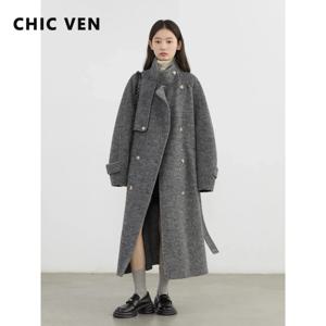 CHIC VEN 여성 모직 코트 루즈 스탠드 칼라 양면 오버코트 여성 겉옷 사무실 여성 의류 가을 겨울 2024