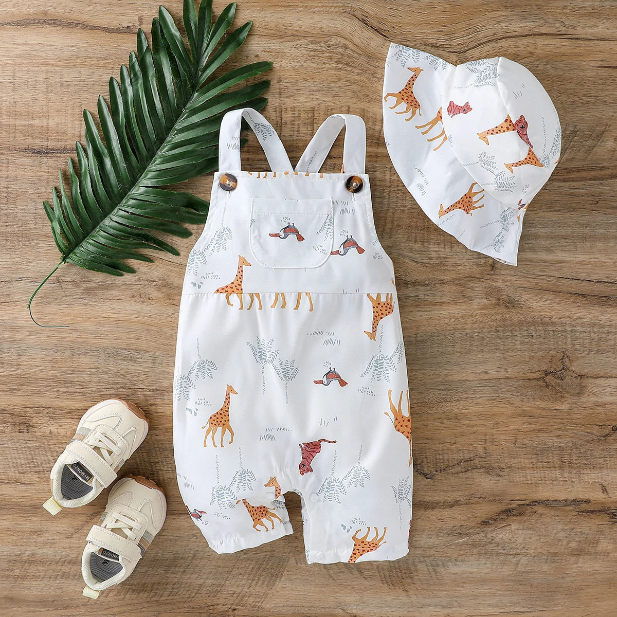 2Pcs 아기 소년 여름 Sleeveles 점프 슈트 만화 동물 1-3Y Bobysuit 의류 캐주얼 패션 작업복 의류 + 모자