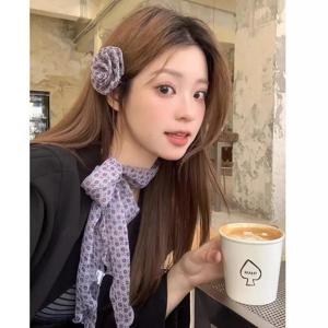패셔너블한 장미꽃 클립 롱 스카프 여성용 다기능 실크 스카프 장식용 목 워머 헤어밴드 한국 스타일
