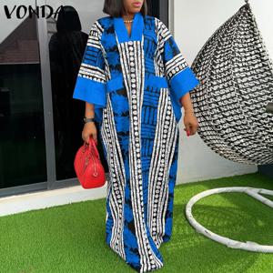 플러스 사이즈 5XL VONDA 빈티지 프린트 드레스 여성 여름 파티 맥시 베스 티도 v 넥 3/4 슬리브 캐주얼 오버 사이즈 보헤미안 롱 로브