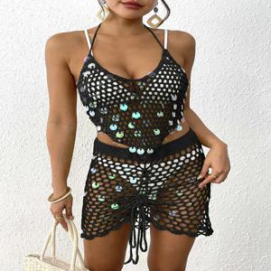 2025 신상 홀터넥 비치 커버업 섹시 여성 솔리드 시퀸 비치 드레스 속이 비치는 니트 백리스 메쉬 스커트 여름 여성 비치 스커트