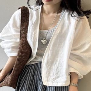 레트로 화이트 셔츠 재킷 여성 여름 경량 예술적 긴 소매 오픈 가디건 루즈한 자외선 차단 탑