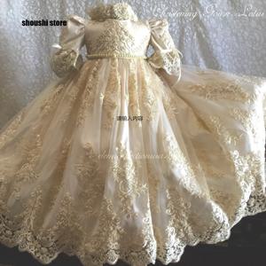 라이트 샴페인 세례식 가운 레이스 아플리케 아기 첫 영성체 드레스 주름 장식 비즈 신생아 유아 세례식 드레스