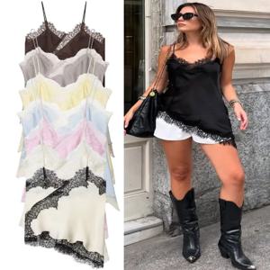 HH 섹시 여성 비대칭 레이스 슬립 탑 여름 여성 백리스 민소매 오프숄더 언더웨어 탱크 엘레강트 비치 캐미솔