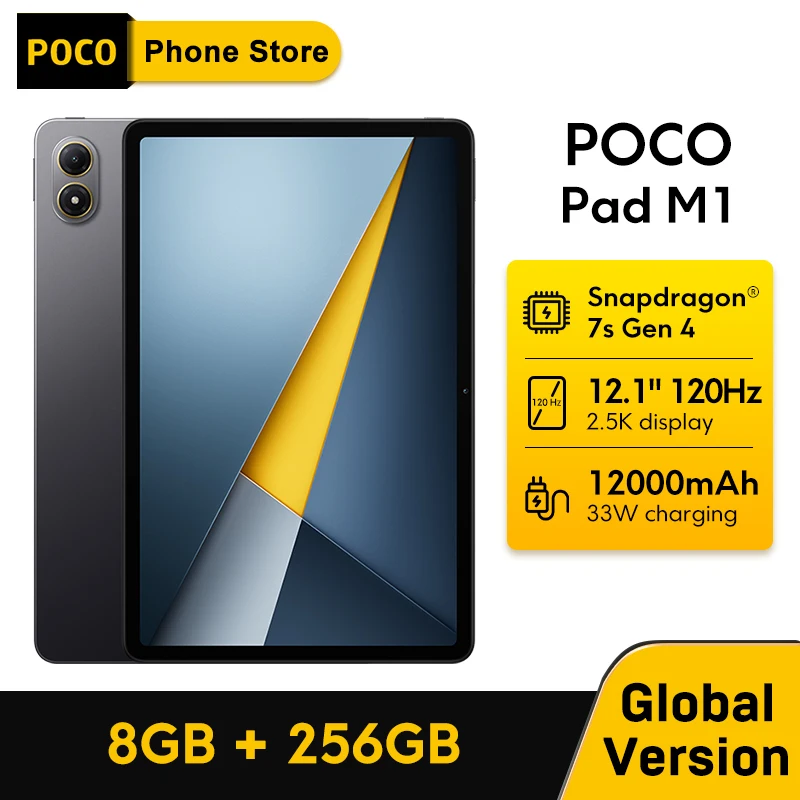 POCO Pad M1 글로벌 버전 태블릿 스냅드래곤 7s Gen 4 8MP 카메라 120Hz 12.1인치 2.5K 크리스탈 클리어 디스플레이 33W 고속 충전