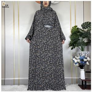 2024 여성을위한 최신 이슬람 Abayas 라마단기도 맥시 두바이 터키 Femme 코튼 가운 꽃 느슨한 아프리카 드레스 Turban 첨부