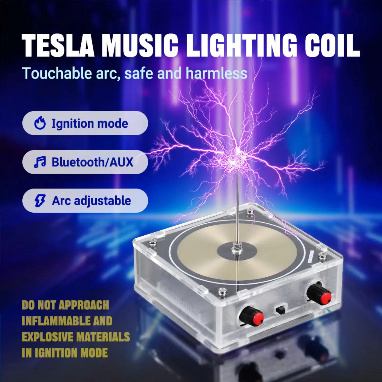 터치형 아크 블루투스/AUX 듀얼 입력 고주파 펄스 발생기를 갖춘 인공 번개 테슬라 코일 (STEM 실험용)