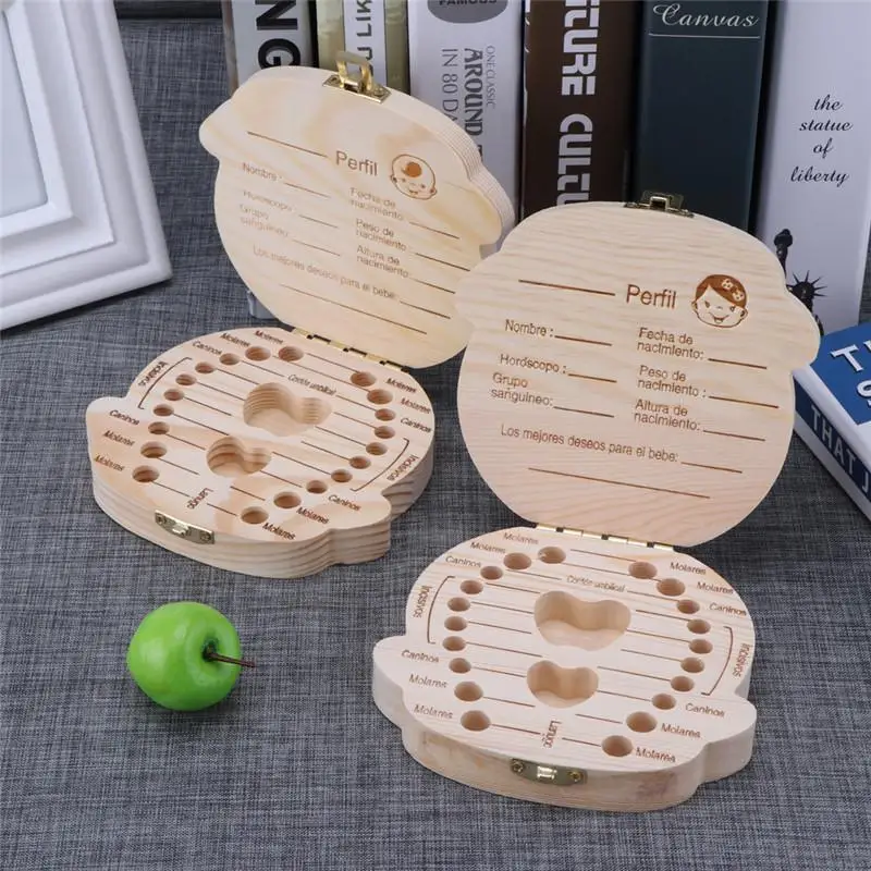 1pc-아기 치아 상자 스페인어 나무 어린이 우유 치아 주최자 보관 소년 소녀 아기 기념품 선물 기념품