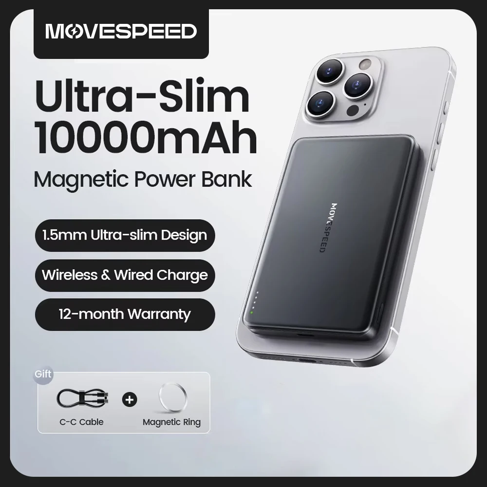 MOVESPEED S10 마그네틱 보조배터리, 무선 고속 충전 미니 휴대용 보조배터리, 아이폰, 삼성, 샤오미, 10000mAh, PD20W, 22.5W
