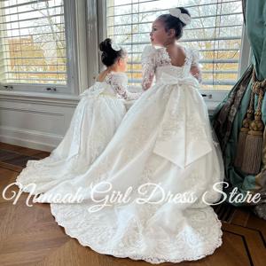 결혼식을위한 흰 꽃의 소녀 드레스 활 레이스 appiques 바닥 길이 여자 아이 생일 파티 친교 파티 가운 사용자 정의