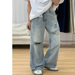 하이웨이스트 와이드 레그 진 여성용 봄 얇은 버전 루즈핏 스몰 사이즈 슬림 스트레이트 튜브 팬츠 빅사이즈 홀 펀칭