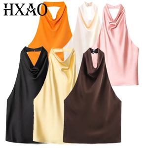 HXAO 새틴 홀터넥 탑 여성 여름 2025 블랙 옐로우 탱크 & 캐미 크롭 스무스 오프숄더 탱크탑 슬리브리스 백리스 베스트