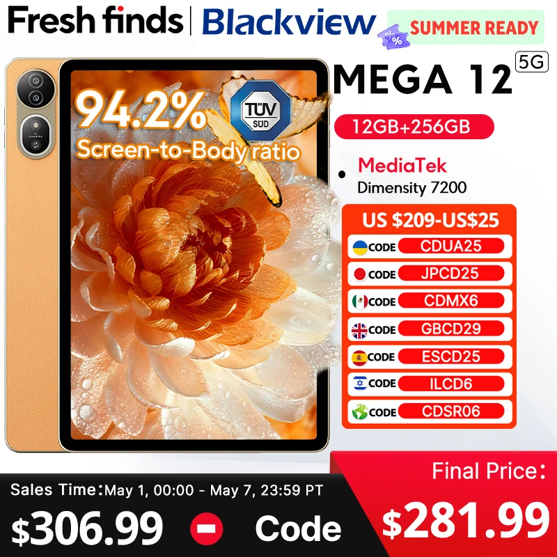 블랙뷰 메가 12 태블릿 5G 디멘시티 7200 CPU 12.2인치 2.4K 120Hz 디스플레이 IP69K 방수 50MP 10000mAh 패드 PC