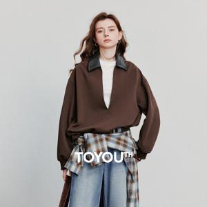 토유스 여성 후드티 스웨트셔츠 2025 가을 신상 루리코어 스타일 스플라이스 라펠 딥 V넥 코튼 풀오버 탑