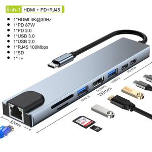 USB 8 in 1 타입 C 3.1 to 4K HDTV 허브 어댑터 SD TF RJ45 카드 리더기 PD 고속 충전 맥북 노트북 컴퓨터용