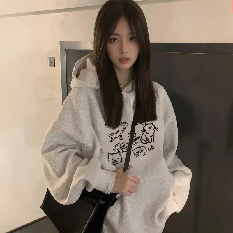 귀여운 고양이 프린트 후드티 여성용 가을 겨울 2025 신상 패션 스트리트 루즈 캐주얼 캥거루 포켓 스웨트셔츠 Y2K 탑 카와이 의류