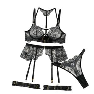 럭셔리 블랙 플라워 자수 란제리 세트, 화려한 메쉬 시스루 메탈 버클 브라 및 끈 팬티 가터