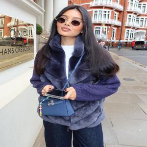 인조 모피 패치워크 여성 겨울 코트 럭셔리 스탠드 칼라 지퍼 재킷 니트 소매 아우터 2025 신상 여성 코트