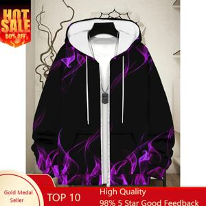 남성용 긴 소매 지퍼업 퍼플 스모크 패턴 후드 스웨트셔츠, 가을 겨울 캐주얼 아웃도어 재킷, 드로스트링 및 포켓 포함