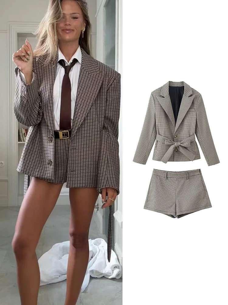 여성 하운드투스 체크 코트와 반바지 세트 빈티지 루즈핏 수트 코트 벨트 포함 패션 가을 겨울 신상 반바지 투피스 세트