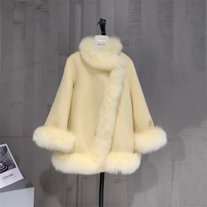 우아한 리얼 모피 코트 리얼 폭스 모피 칼라 망토 코트 화이트 울 코트 여성 천연 폭스 모피 자켓 2024 Warm Oversize