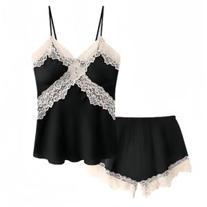 여성 섹시 새틴 파자마 세트 레이스 트림 캐미 탑 반바지 란제리 슬립웨어 실키 블랙 크림 V넥 스파게티 스트랩 투피스
