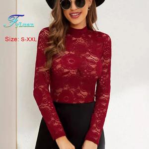 긴 소매 여성 레이스 블라우스 섹시한 세미 관점 작은 스탠드 칼라 슬리밍베이스 레이어 탑 솔리드 컬러 다목적 풀오버