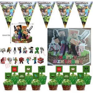 MC 픽셀 종이 카드 마인크래프트 생일 파티 용품 깃발 케이크 컵 풍선 테이블웨어 세트 파티 침실 장식 장난감