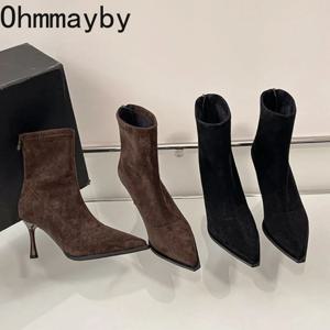 뾰족한 발가락 여성용 하이힐 앵클 부츠 패션 우아한 댄스 파티 신발 가을 겨울 여성용 스트레치 슬림 숏 부티