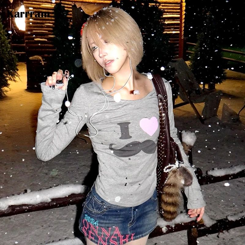 카라람 일본 Y2K 수염 프린트 티셔츠 빈티지 하라주쿠 긴팔 회색 티셔츠 한국 2000년대 스타일 스트리트웨어 아메리칸 레트로