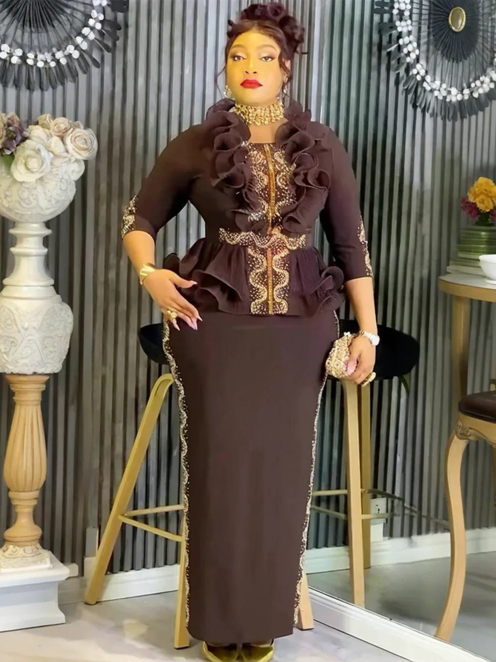 우아한 아프리카 드레스 여성용 플러스 사이즈 러플 이브닝 파티 롱 드레스 다시키 안카라 터키 의상 로브 아프리카 의류