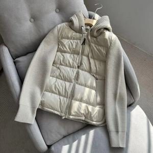 화이트 덕다운 니트 숏 패딩 재킷 여성용 경량 패셔너블 겨울 코트 (모자, 나비 매듭 디자인)