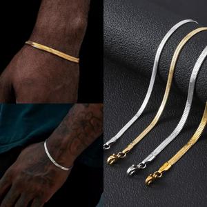 남성용 골드 실버 컬러 스테인리스 스틸 플랫 체인 팔찌 레트로 주얼리 트렌디 액세서리 여성용 랩 뱅글