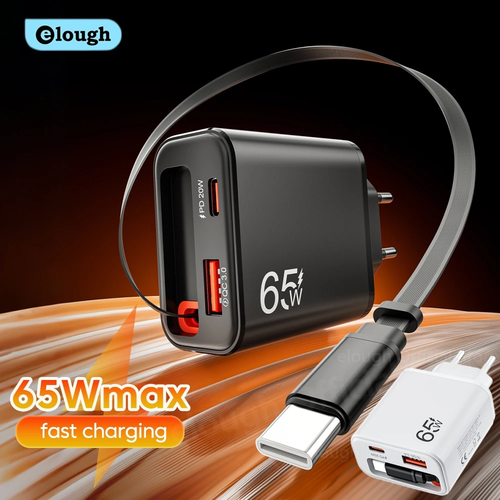 65W USB 휴대폰 충전기, 아이폰 17 16 POCO 샤오미 QC 3.0 USB PD 벽면 충전기용 접이식 초고속 충전 타입 C 케이블 포함