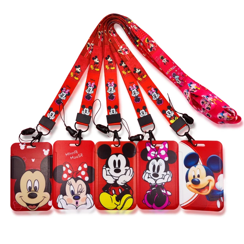 미키 미니 레드 매는 밧줄 배지 홀더 디즈니 신용 카드 소지자 넥 스트랩 키 체인 여성 자격 증명 액세서리 카드 케이스