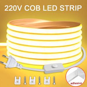 ON/OFF 스위치가있는 220V Led 스트립 방수 COB LED 스트립 220V 유연한 리본 룸 침실 주방 야외 정원 조명