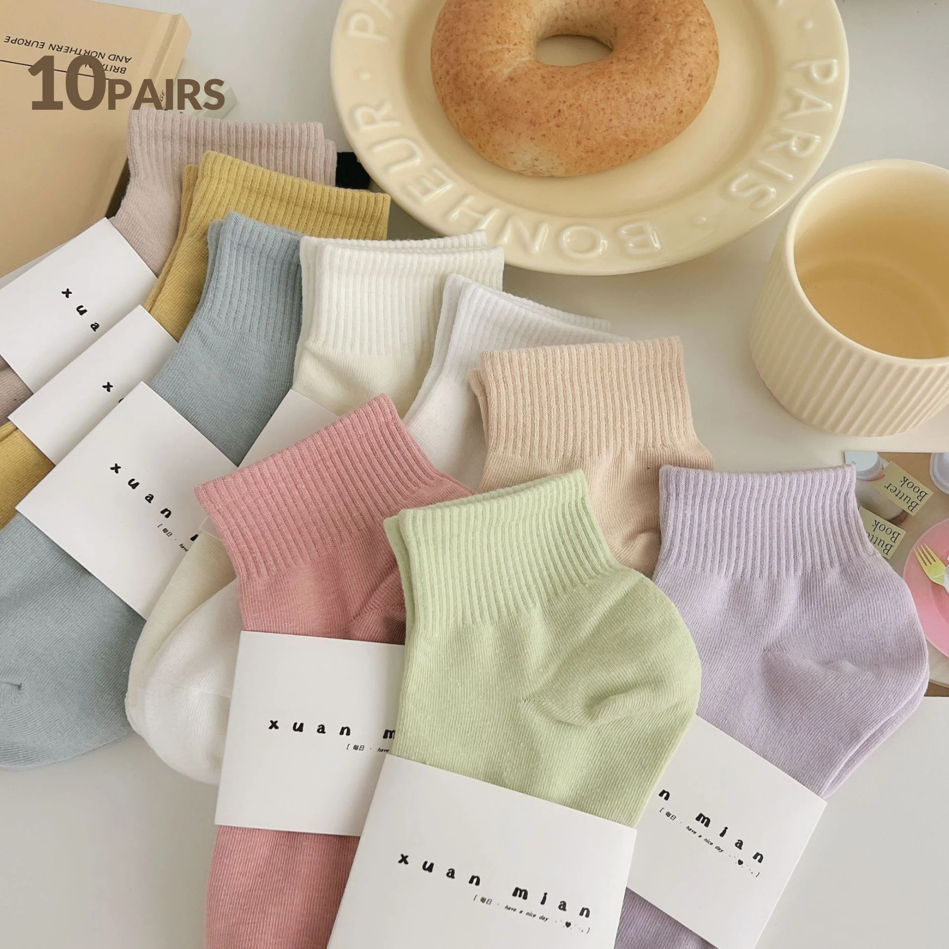 10 쌍 순수 컬러 코튼 스포츠 양말 여성 마카롱 컬러 짧은 양말 여성용 짧은 양말 캔디 컬러 봄 가을 양말